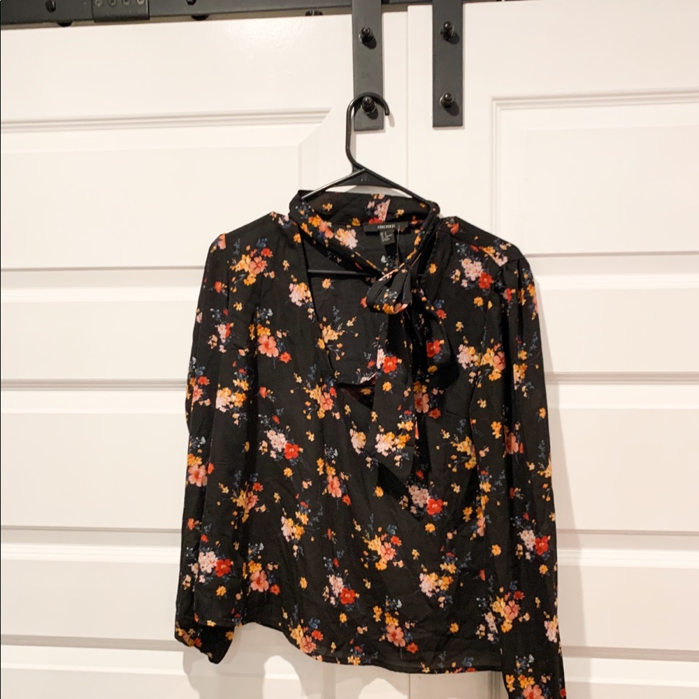 Black floral long sleeve top with bow collar